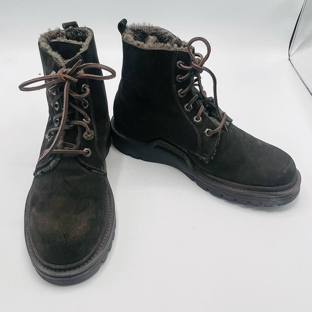 MONCLER BROWN SUEDE SHEARLING COMBAT BOOTS Size  42/9